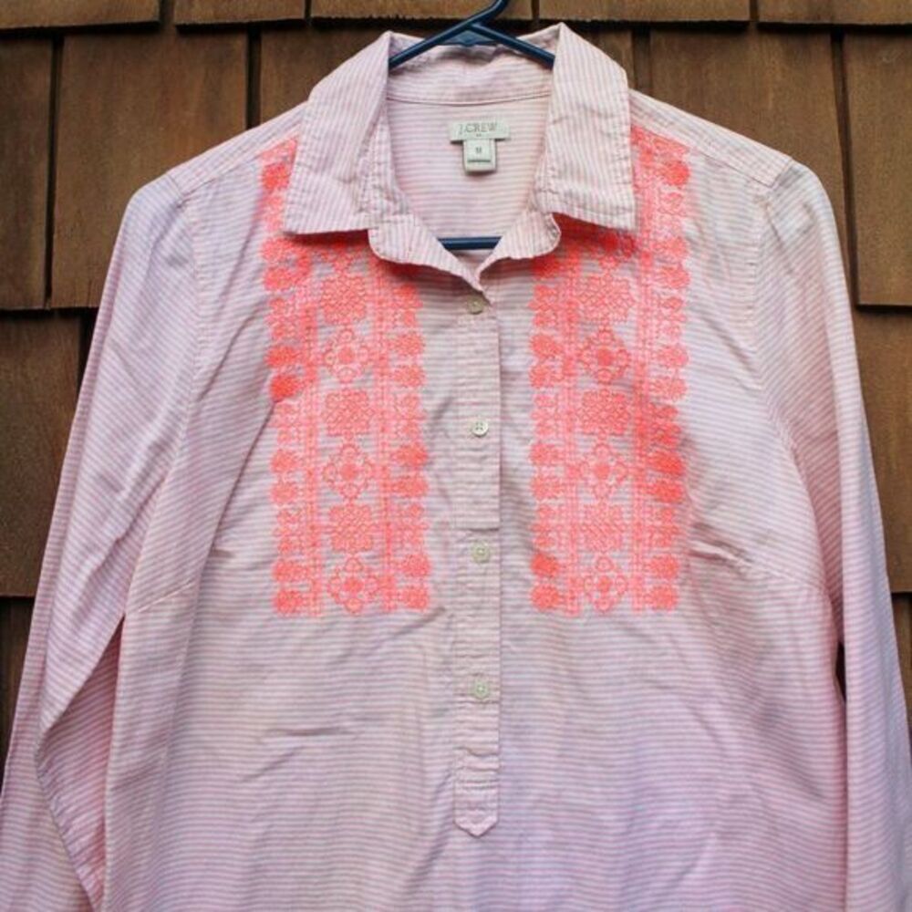 J. Crew Neon Pink White Striped‎ Embroidered Buttoned Long Sleeve Tunic Shirt - Picture 2 of 7